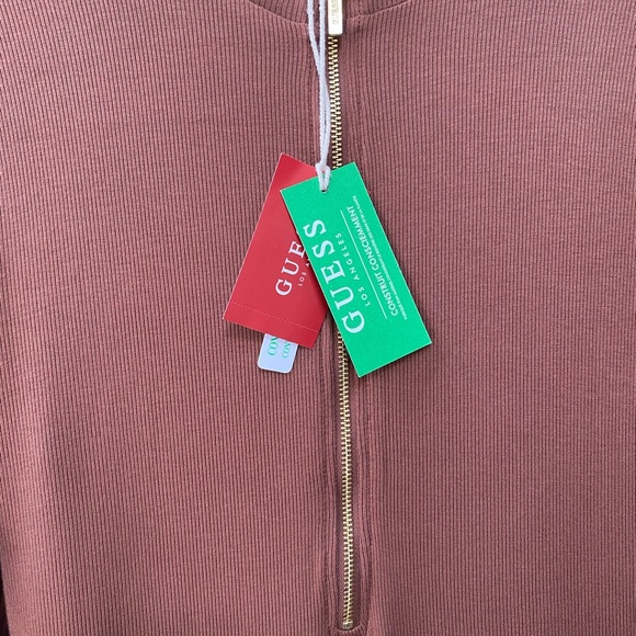 NWT Guess gold zip front midi dress in brown. Guess logo on sleeves. - Picture 6 of 7